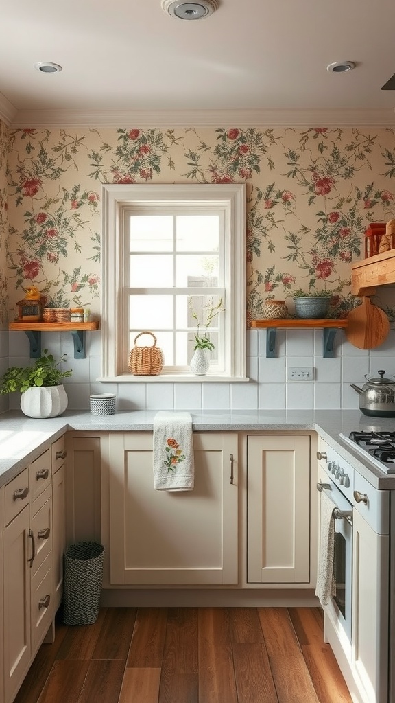 Cozy country cottage kitchen with floral wallpaper and wooden shelves
