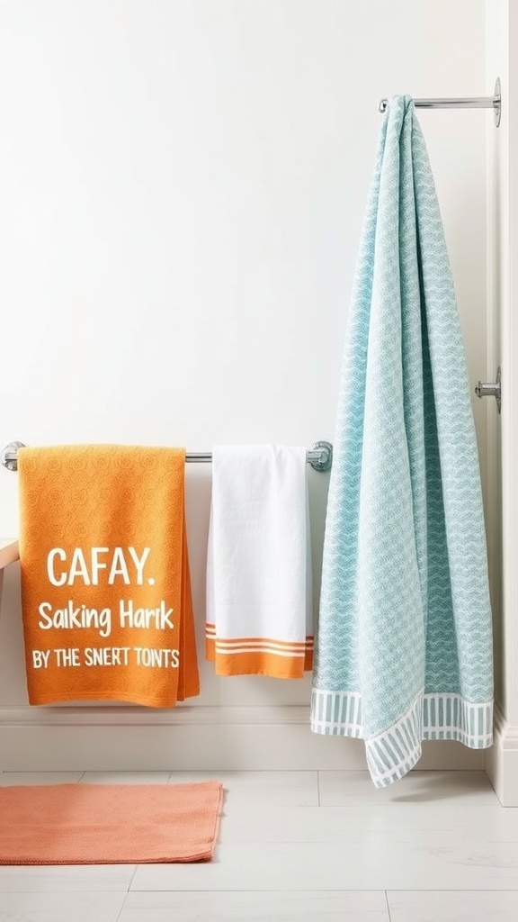 A bathroom scene featuring an orange towel with text, a white towel with orange stripes, and an aqua towel, all neatly arranged.