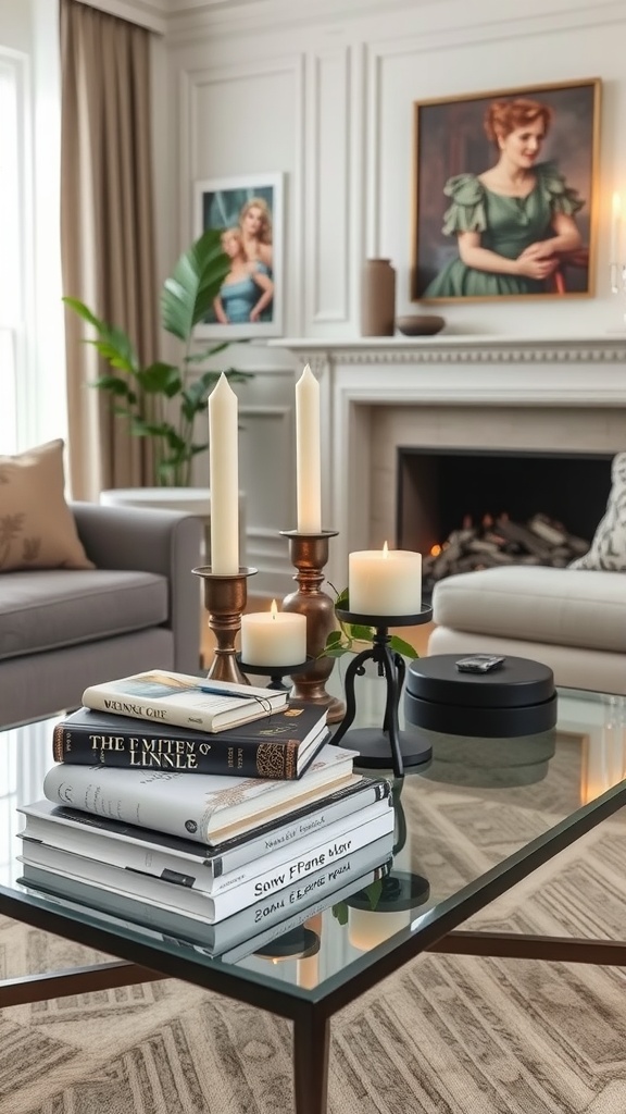 A stylish living room coffee table with books and candles, showcasing a modern design.
