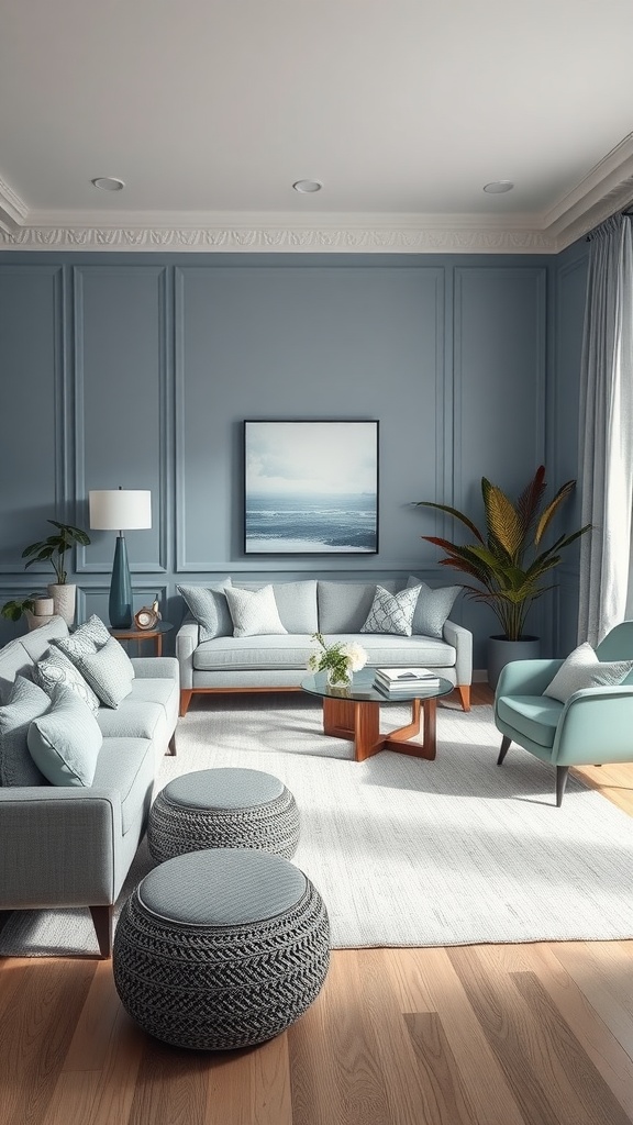 A serene living room featuring soft blue walls, light furniture, and natural decor elements.