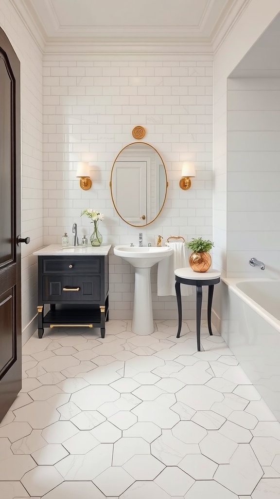 A stylish bathroom featuring hexagonal floor tiles, a black cabinet, and a round mirror.