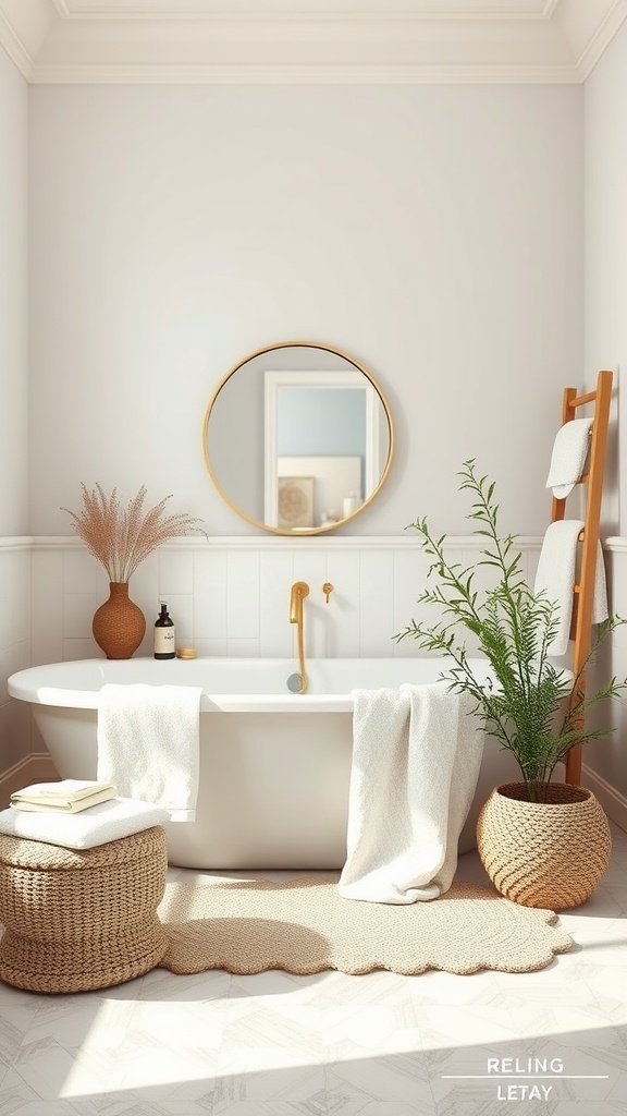 A serene bathroom featuring a freestanding tub, neutral colors, a round mirror, and natural decor elements.