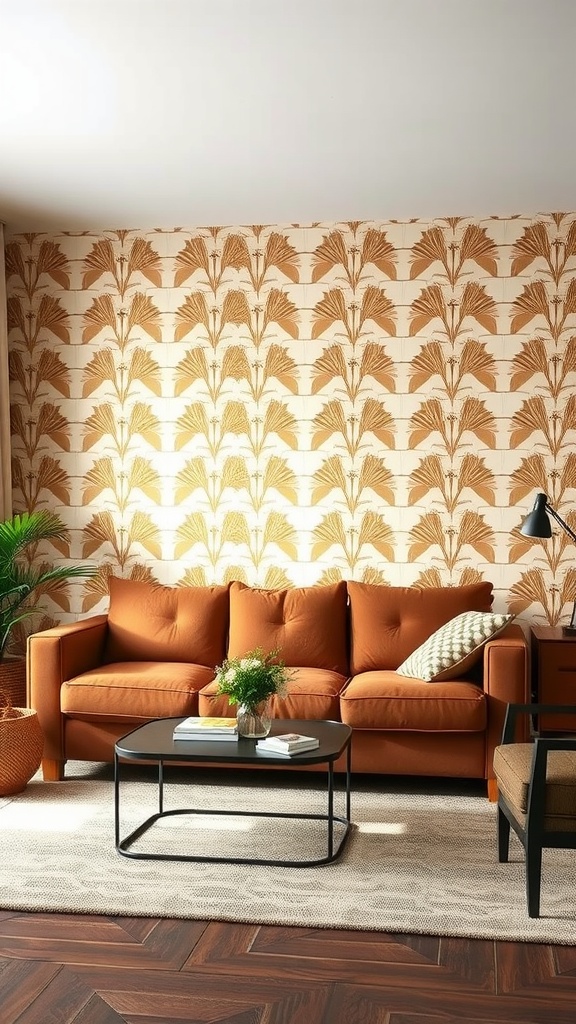 A cozy living room with a brown couch and patterned wallpaper featuring floral designs.