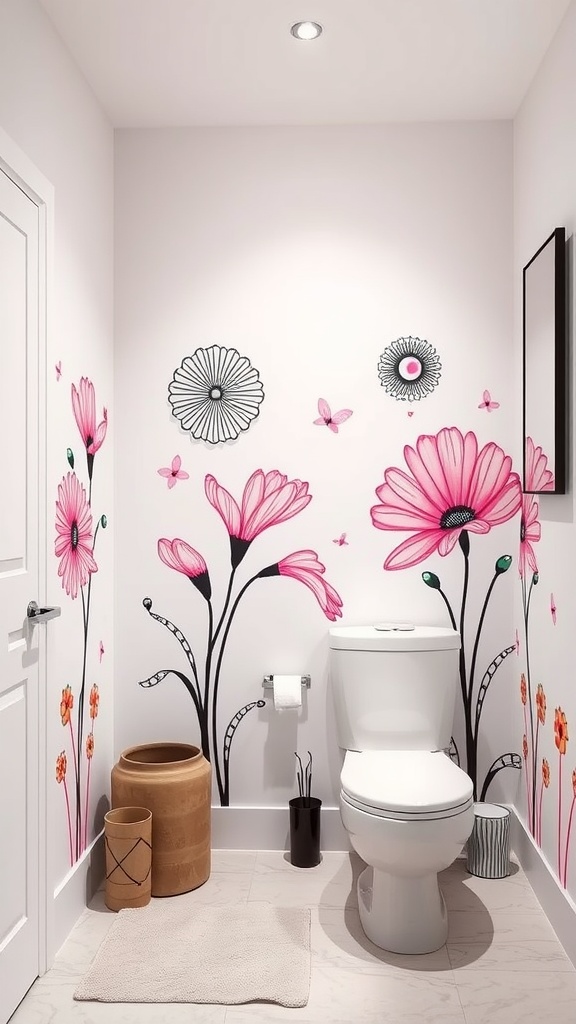 A bathroom featuring pink floral wall art, a white toilet, and decor items.