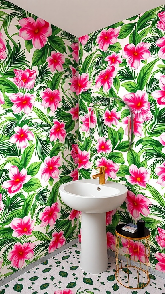 A bathroom with tropical floral wallpaper featuring pink flowers and green leaves, a white sink, and a gold fixture.