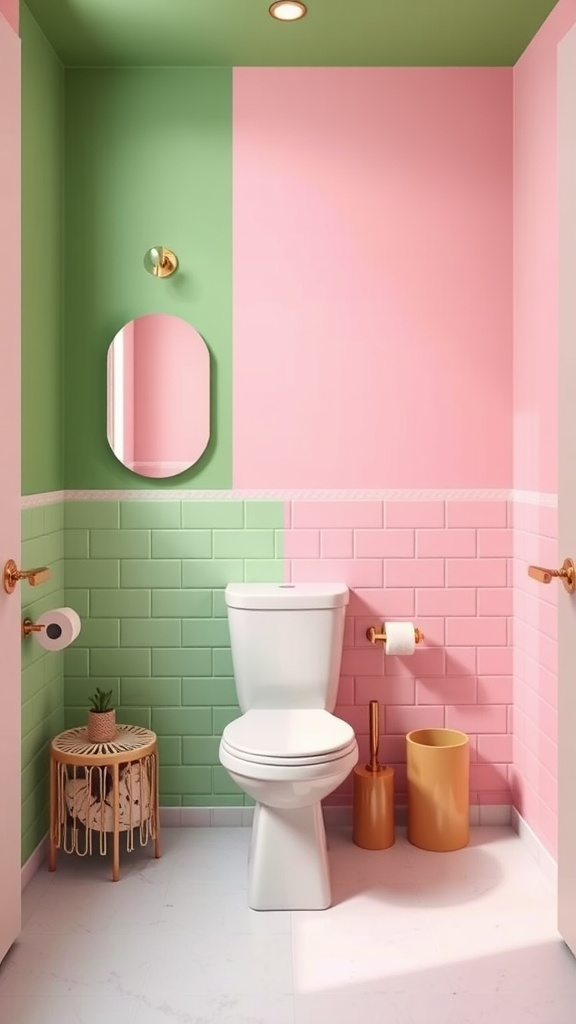 A bathroom featuring pink and green two-tone painted walls with modern fixtures