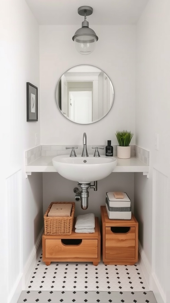 A stylish tiny bathroom with under-sink storage solutions including wooden boxes and a round mirror.