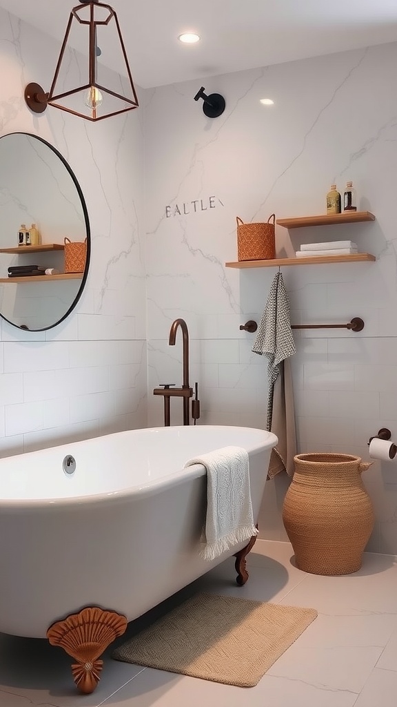 A stylish bathroom featuring a freestanding tub with shell-shaped feet, woven baskets, and modern accessories.