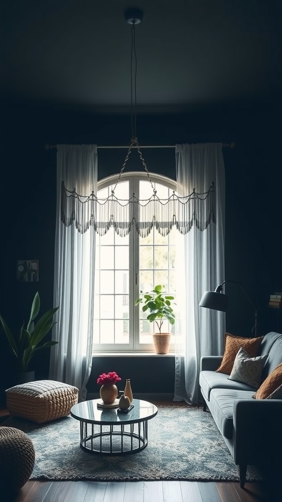 A dark boho living room featuring unique window treatments with soft curtains and a stylish chandelier.
