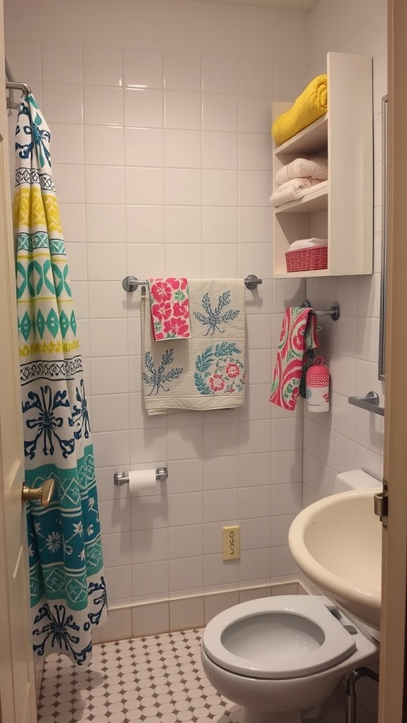 A small bathroom featuring colorful towels and accessories, with a vibrant shower curtain, hand towels, and neatly arranged shelves.