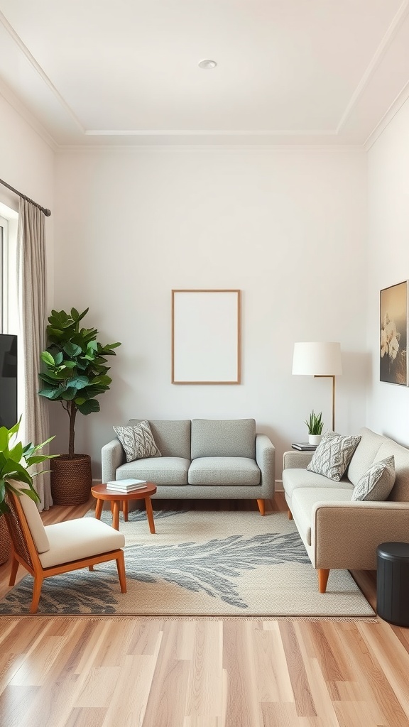 Cozy living room with floating furniture layout, featuring two sofas, a coffee table, and plants.