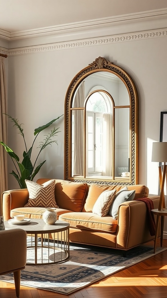 A cozy living room with an ornate mirror above an orange sofa, reflecting light and adding depth.