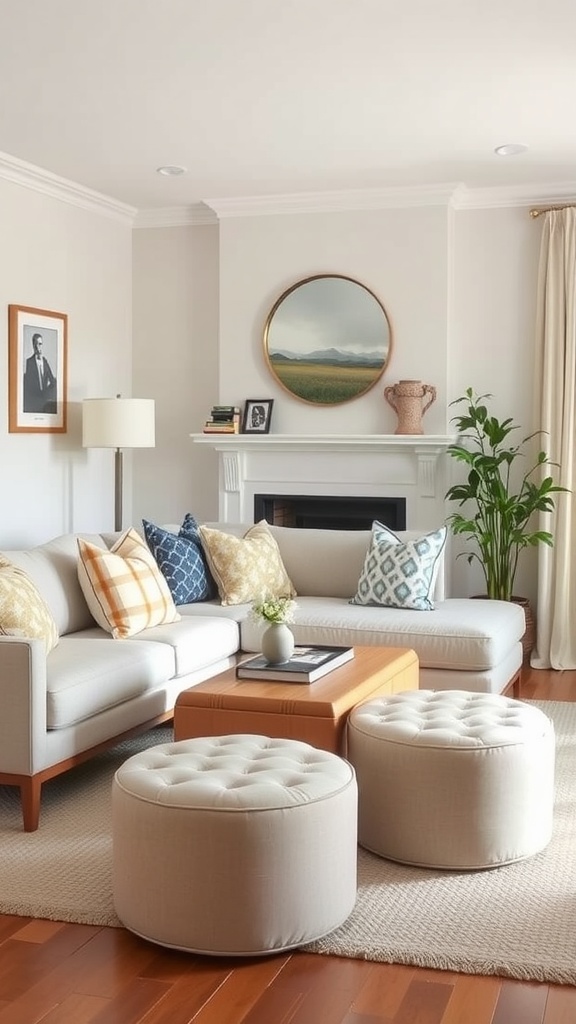 A small living room with two ottomans, a sofa, and a coffee table, creating a cozy atmosphere.