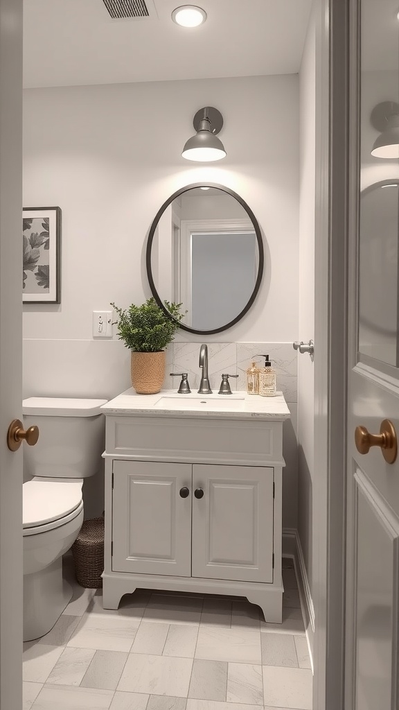 A small bathroom with a white vanity, round mirror, and decorative plant.