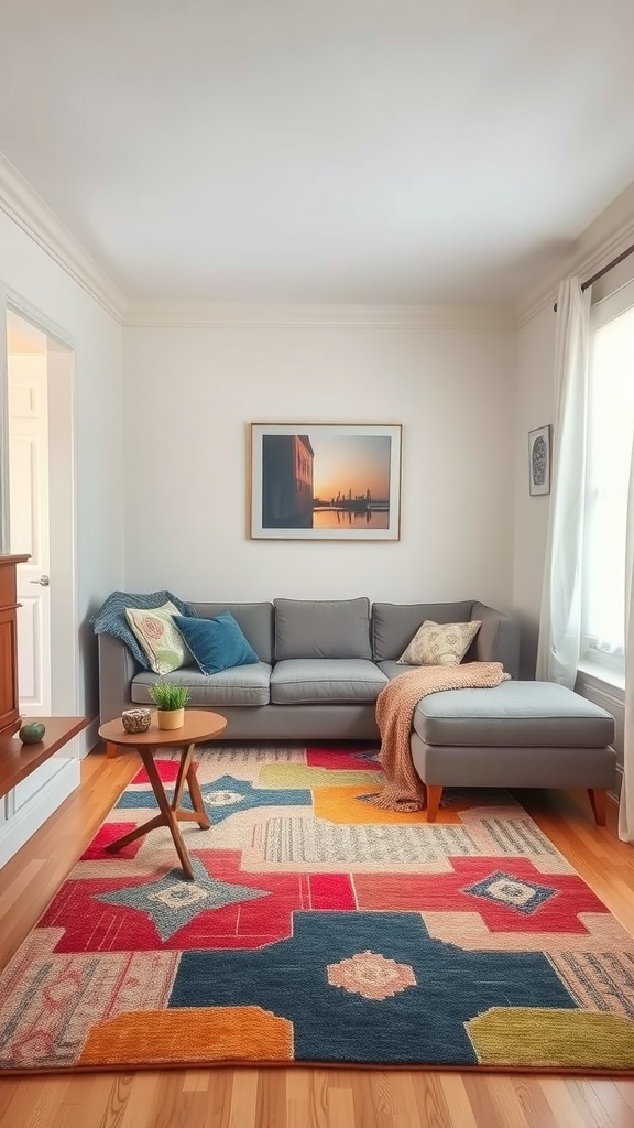 A small living room with a colorful rug, a gray sectional couch, and a coffee table.