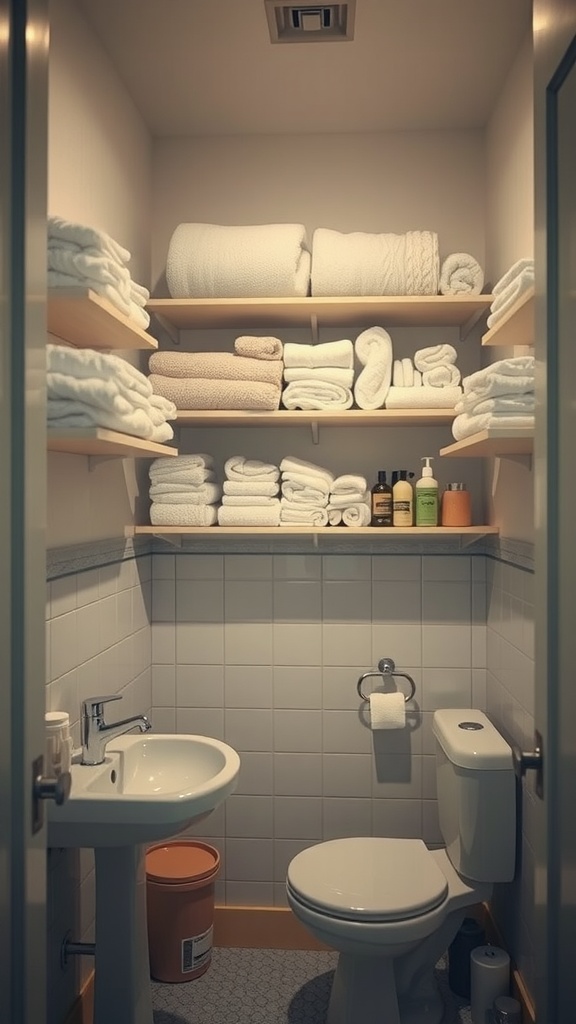 Small bathroom with vertical shelves holding neatly stacked towels and toiletries