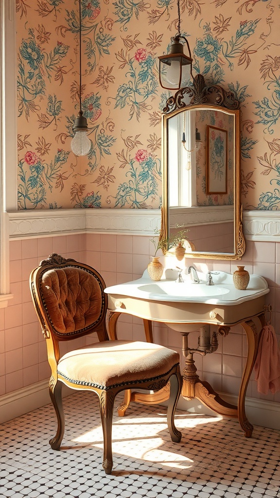 A vintage bathroom featuring a velvet upholstered vanity chair, floral wallpaper, and an ornate mirror.