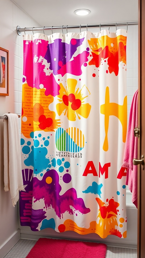 A colorful shower curtain with vibrant patterns in a college bathroom.