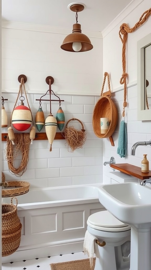 A vintage coastal-inspired bathroom featuring colorful fishing floats, woven baskets, and warm lighting.
