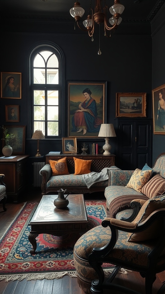 A dark boho living room featuring vintage furniture with intricate upholstery and a wooden coffee table.