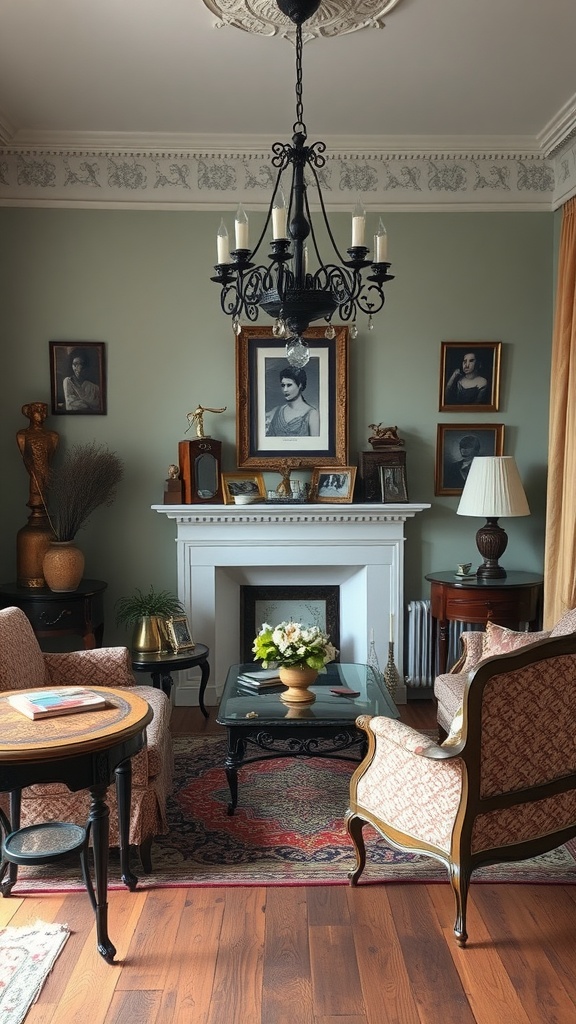 A cozy living room with vintage furniture, a chandelier, and framed portraits on the walls.
