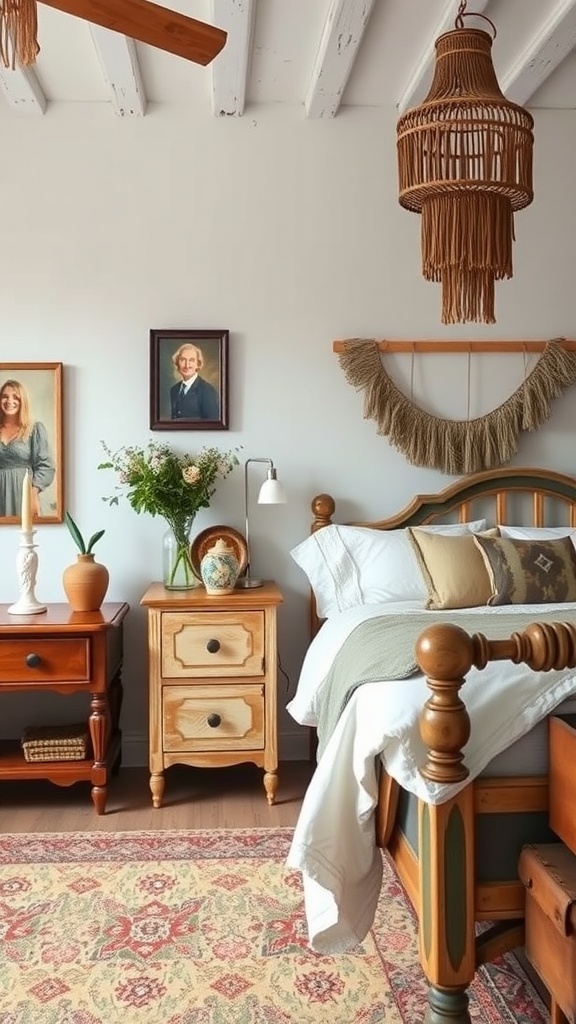 A boho farmhouse bedroom featuring vintage furniture, soft linens, and rustic decor.