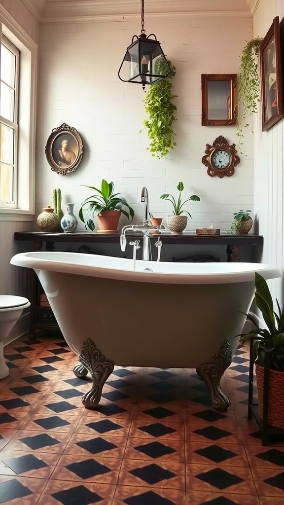 A vintage inspired bathroom featuring a clawfoot bathtub, plants, and decorative frames.