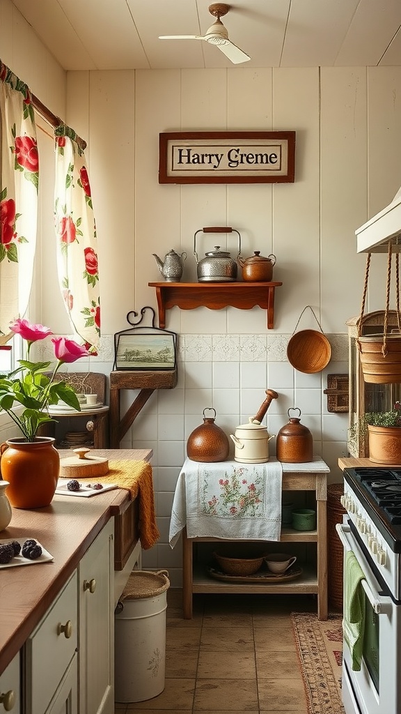 A cozy vintage kitchen with floral curtains, wooden shelves, and various kitchen decor items.