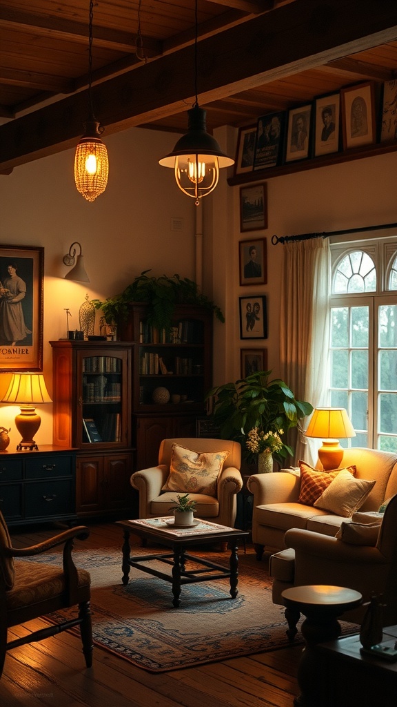 A cozy living room with vintage lighting fixtures, featuring a pendant light and warm bulbs, surrounded by wooden furniture and decorative elements.