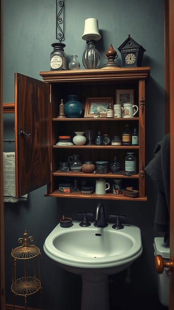 A vintage wooden medicine cabinet filled with curios in a moody bathroom.