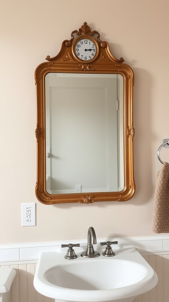 A vintage gold-framed mirror with a clock is mounted above a white sink in a bathroom.