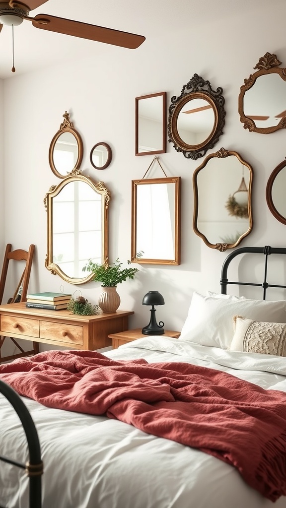A cozy boho farmhouse bedroom featuring an arrangement of vintage mirrors on the wall, a wooden dresser, and a bed with a warm blanket.