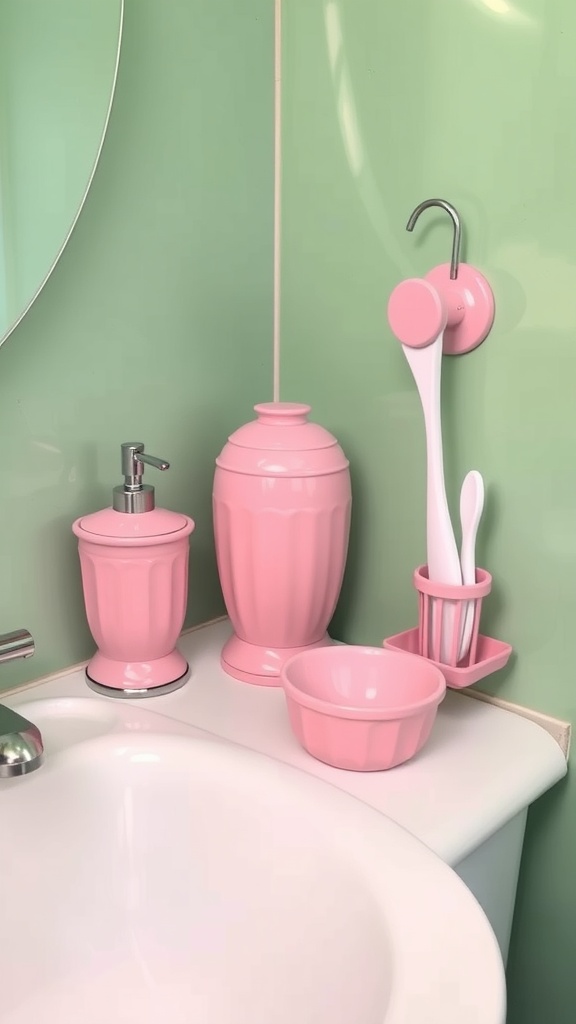 A bathroom sink area with vintage pink accessories against a green wall
