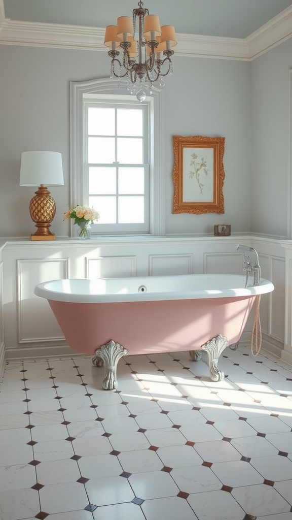 A vintage pink bathtub in a stylish bathroom with elegant decor.