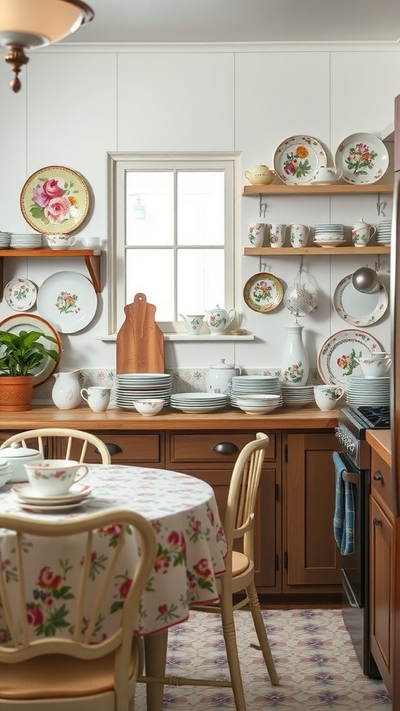 A cozy kitchen with vintage floral tableware displayed on shelves and a round table set with a floral tablecloth.