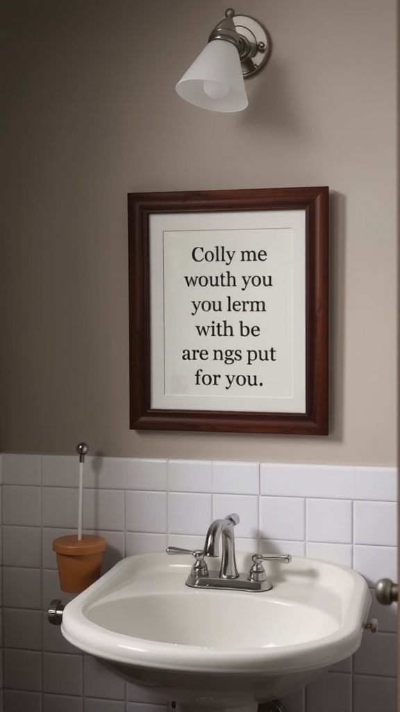 A bathroom with a framed quote on the wall, featuring playful text, above a white sink.