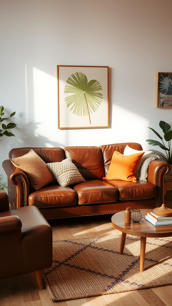Cozy living room featuring a brown leather couch with colorful pillows, a round coffee table, and natural light.