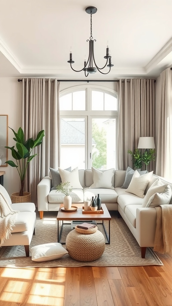 Cozy living room featuring warm cream colors, soft gray accents, a large sectional couch, and natural light