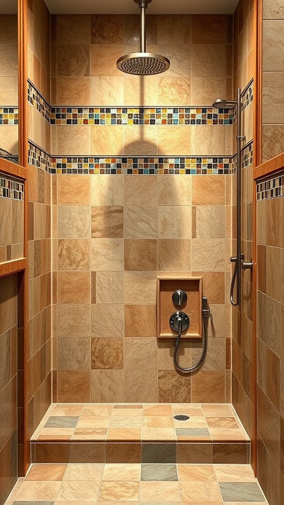 Bathroom with warm earthy tone tiles and colorful mosaic accents