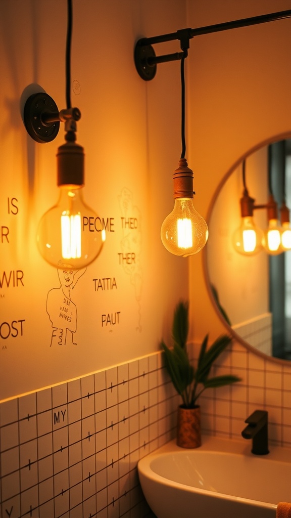 Bathroom featuring warm glow Edison bulbs hanging above a sink, with a decorative wall and round mirror.