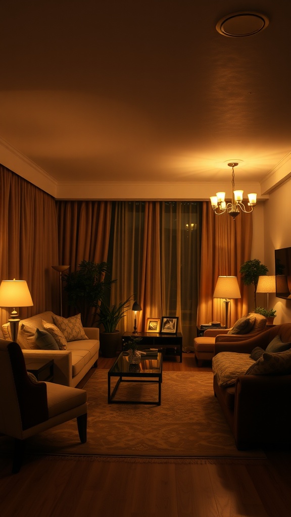 A cozy living room with warm lighting, featuring soft furniture, curtains, and plants.
