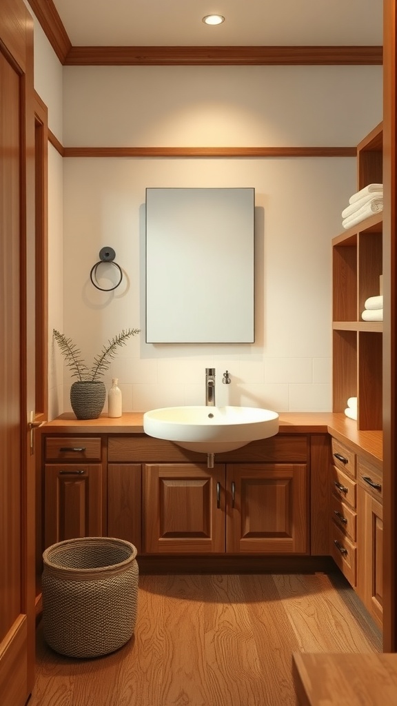 A cozy bathroom featuring warm wood accents with wooden cabinetry, a circular sink, and a woven basket.