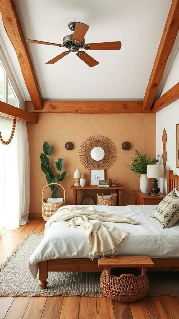 A cozy boho farmhouse bedroom featuring wooden beams, a wooden bed, and natural decor elements.