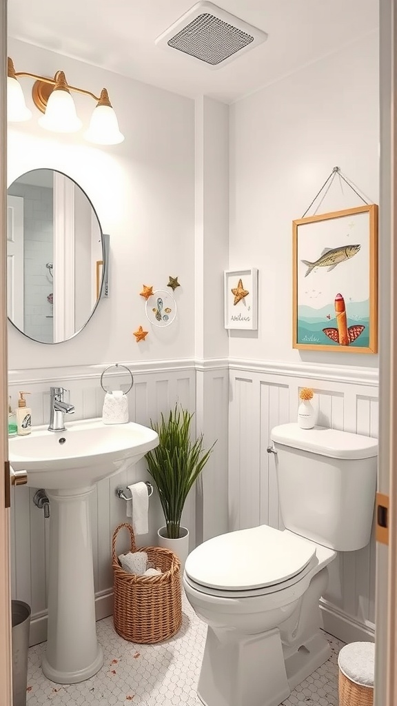 A cozy coastal chic bathroom featuring whimsical artwork, including fish and starfish decorations.