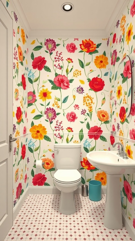 A bathroom with whimsical floral wallpaper featuring bright flowers in various colors.