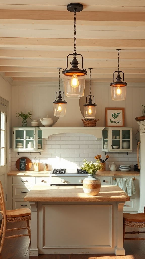 A country cottage kitchen featuring whimsical lighting fixtures resembling vintage lanterns.