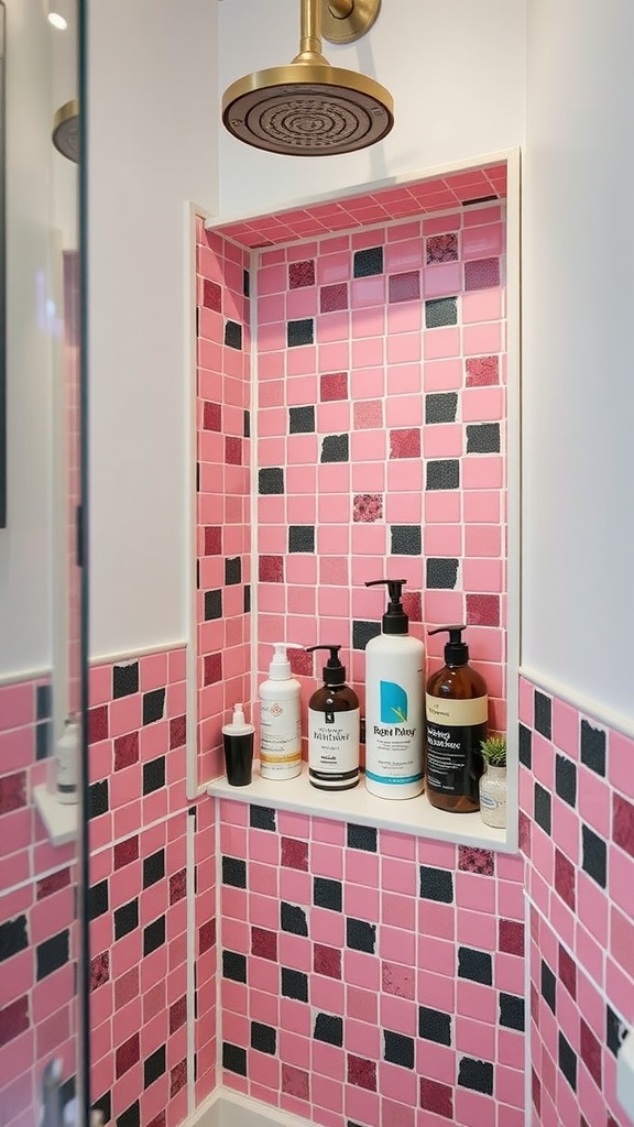 Bright pink and black tiled shower niche with a shelf for products.