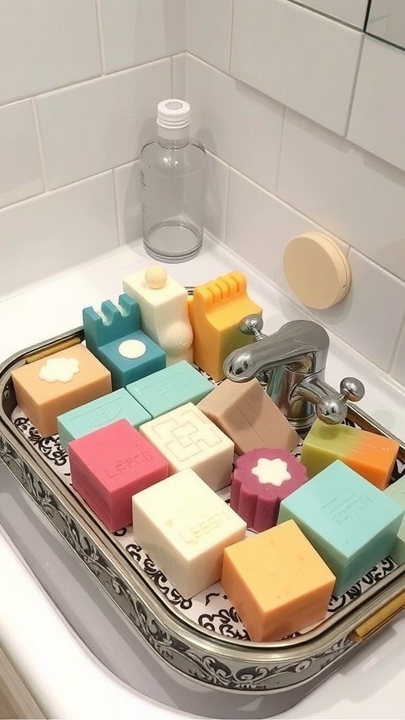 Colorful assortment of whimsical soaps arranged in a tray by a bathroom sink.