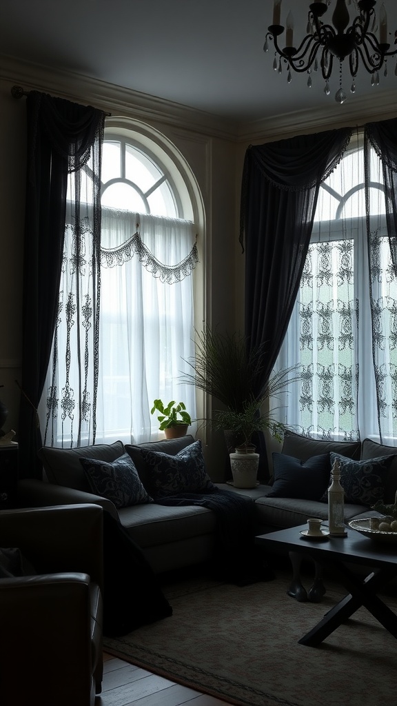 A cozy living room with elegant lace curtains and dark drapes framing the windows, complemented by indoor plants.