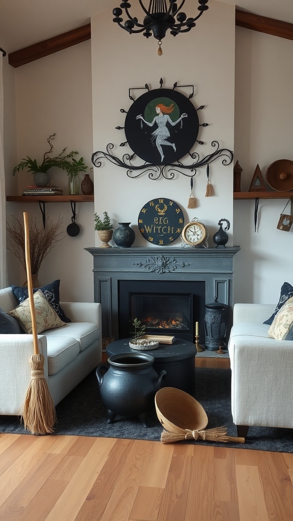 Witchy themed living room with black wall art, plants, broomstick, and a cauldron.